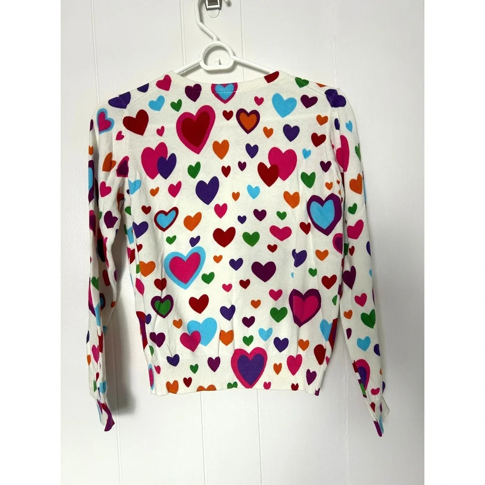 Hanna Andersson Cardigan Girl 150 White Heart Print Cotton Knit Sweater Lovecore